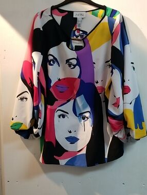 Joseph Ribkoff Multi-Color Pop Art Face Print Blouse